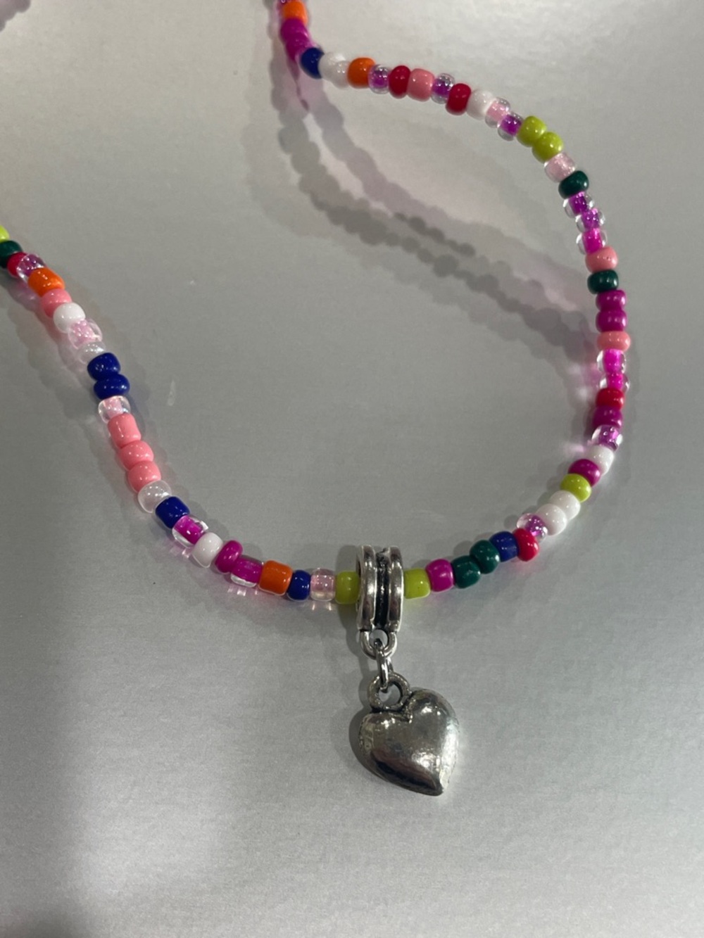Multicolor Seed Bead Necklace with Silver Heart Charm - Women Jewelry